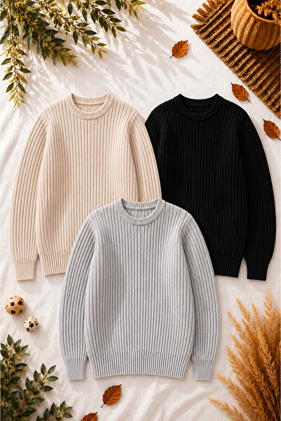 legends butik Men's 3-Piece Premium Ribbed Knitwear Sweater Set Crew Neck Sli...