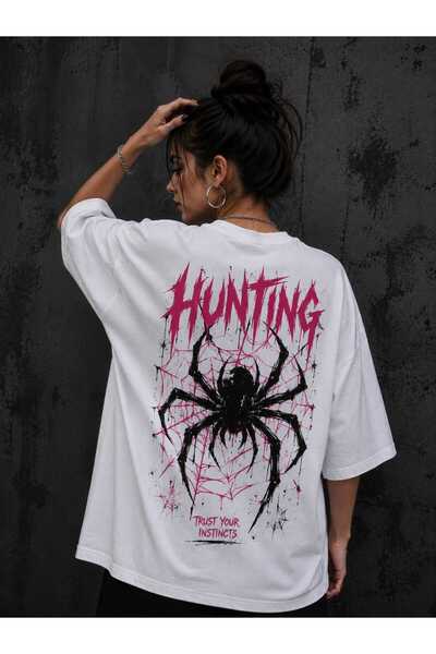 Vanteon Hunting Örümcek Baskılı Oversize Beyaz Kadın Tişört