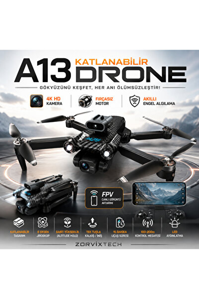 ZorvixTech A13 Katlanabilir Drone 4K HD Kamera Akıllı Engel Algılama Fırçasız...