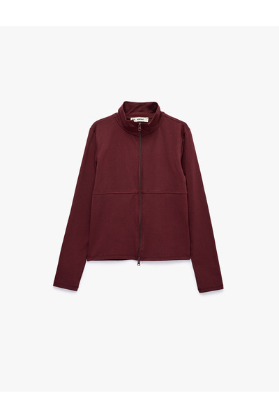 Koton Cotton Long Sleeve Zippered Stand Collar Cardigan
