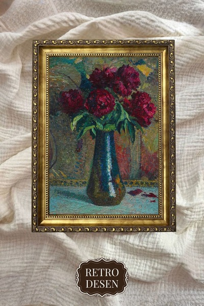 Retro Desen Bordo Gül Buketi Mavi Vazolu Sanat Tablosu (00297)