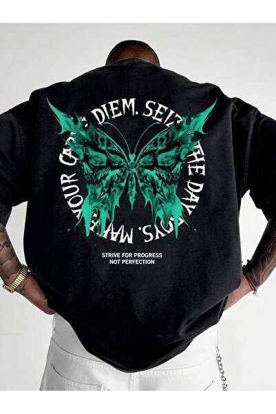 KYMC07 Men Green Gothic Back Print Loose Fit T-Shirt Streetwear Summer Short ...