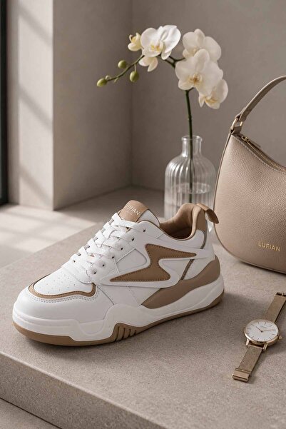 Lufian Kadın Beyaz - Bej Sneaker Günlük Spor Ayakkabı Kalın Taban Casual Yürüyüş Ayakkabısı Kadın Sneaker LF-575U