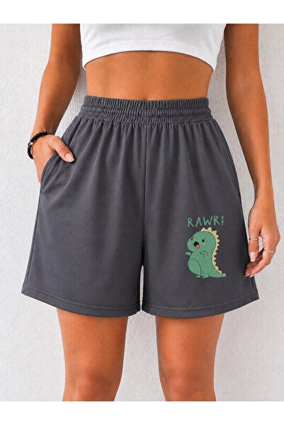 ZAVIXO Women's 100% Cotton Dinosaur Printed Black Shorts with Pockets and Ela...