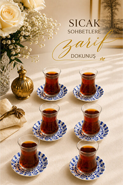 ZURİ DESİGN Royal Blue 6-Person Glass Tea Cup and Porcelain Tea Plate Set 12 ...