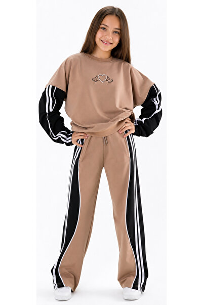 İrem Çocuk Giyim Girl's Heart Patterned Stripe Detailed Gradient Brown Color ...