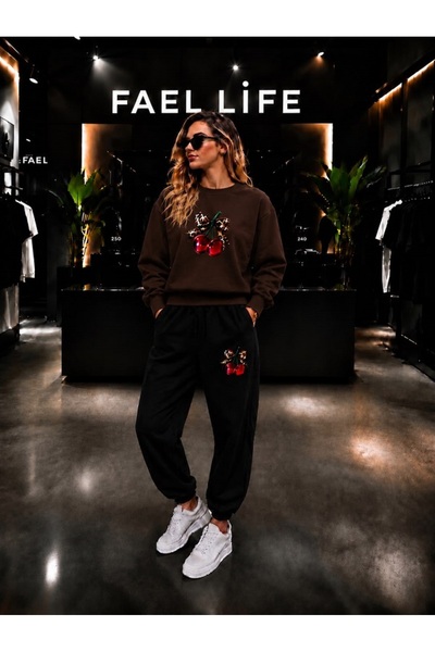 FAEL LİFE Unisex Wide Cut Zero Neck and Sweatpants Set with Cherry Ribbon Print