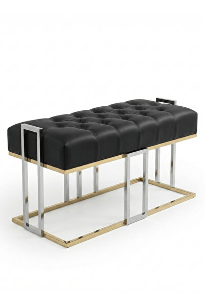DİZAYNOMİ Gold Krom Kaplama Siyah Vegan Deri Bench