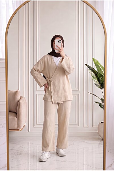 MİHRA STORE Ayhan Baglamalı muslin set-AS521 bež