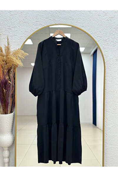 MİHRA STORE Bige Half-Pleated Layered Modal Dress-Pe626 Black