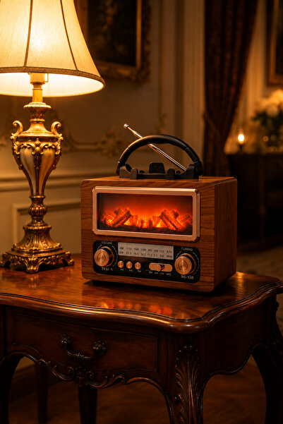 Vintage Radio Fm Wood Moving Fireplace Look Bluetooth Speaker with Vintage Light Usb Sd