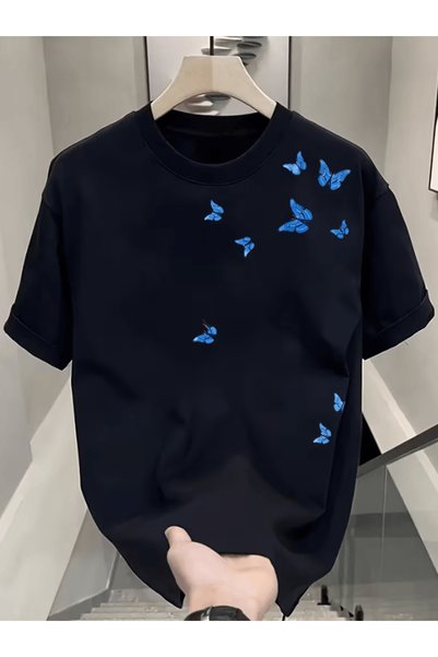 one button Tricou Premium Oversize cu imprimeu Mini Fluturi Albastri