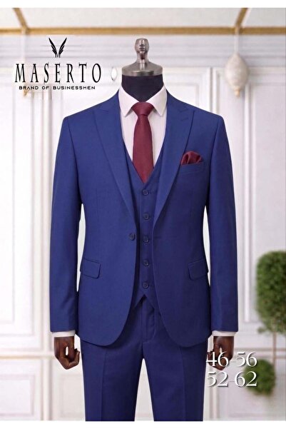 Saks Mavisi Slim Fit Yelekli Erkek Takım Elbise
