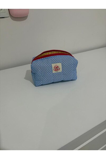 BN ÇAKİ Blue Polka Dot Makeup Bag with Corduroy Lining - Small Size