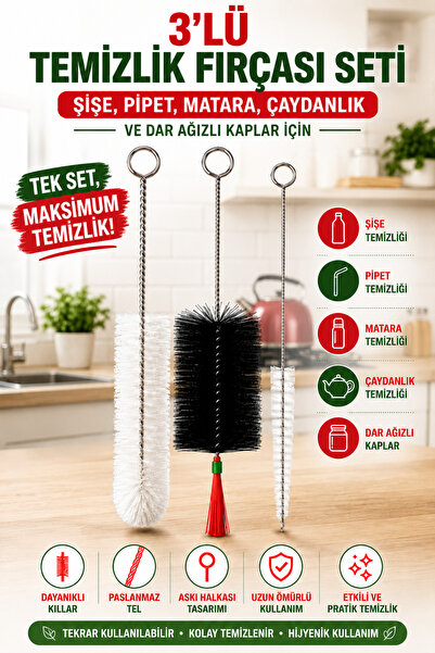 my brusher 3'lü Temizlik Fırçası Seti – Şişe, Pipet, Matara, Çaydanlık ve Dar...