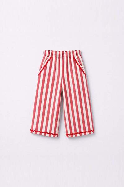 Magu Girl's Cotton Red Striped Wide-Leg Pants
