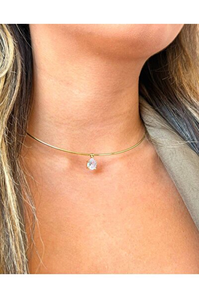 ANKA JEWELLRY DAMLA ZİRKON TAŞ DETAYLI ALTIN RENK KADIN ÇELİK CHOKER KOLYE