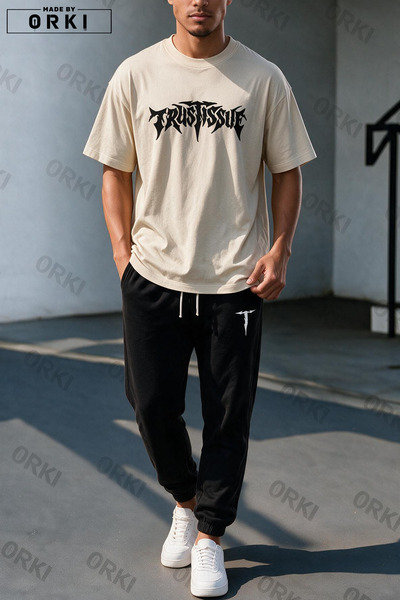 EFFRENATU Set Trening cu Tricou Oversize Imprimat Trust Issue și Pantaloni Negri