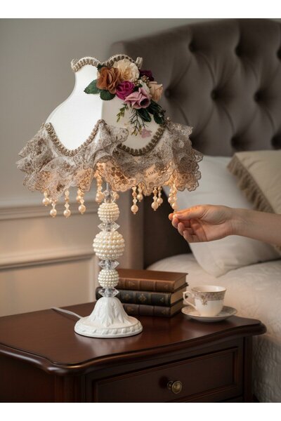 Dekovien Ecru Velvet Covered Floral Decorated Headboard with Pearls and White...