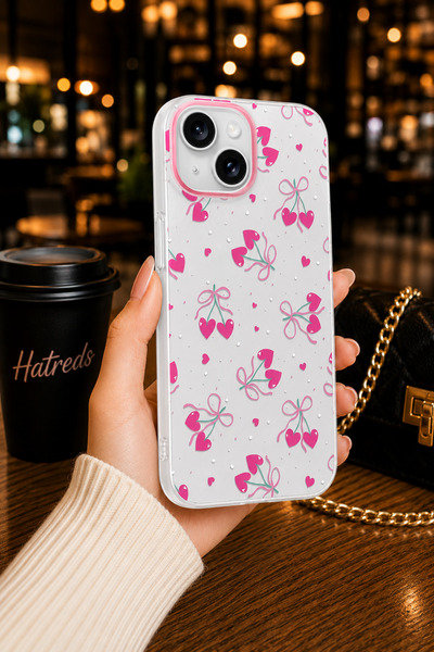 Hatreds iPhone 15 Kamera Korumalı Şeffaf Desenli Klip Kılıf - Kalpli Kiraz