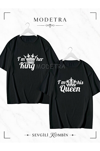 Modetra تي شيرت كبير الحجم للرجال والنساء بتصميم King Queen مطبوع من الأمام، ...