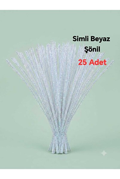 hyc heryerçiçeklenir 25 Adet Simli Beyaz Şönil ,Çiçek Yapımına Uygun Tüylü Te...