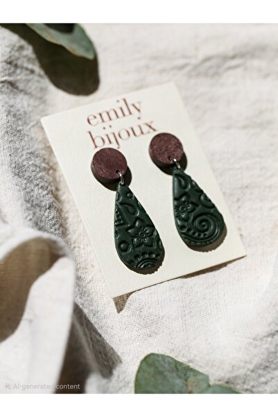 Handmade Cercei - Boho kaki cu accesoriu din lemn