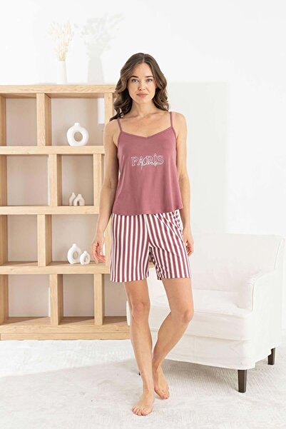 Relax Mode Kadın Bordo İp Askılı Şortlu Takım - 7624-8R