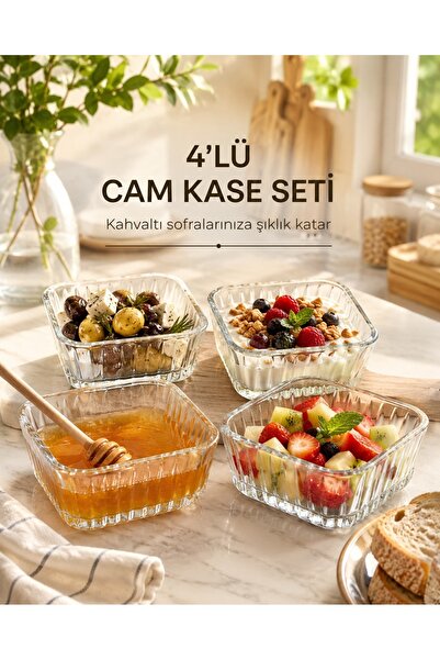4'lü Kare Cam Kase Seti Çok Amaçlı Kahvaltılık Çerezlik ve Tatlı Sunum Kasesi