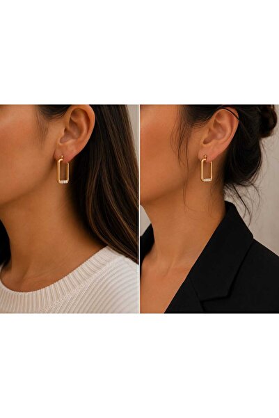 Gold Lacivert Kalp Taşlı Halka Kadın Küpe – Minimal Zarif Tasarım