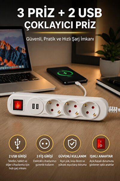 Montbell Akım Korumalı 3'lü Priz Çoklayıcı 2 USB Girişli Işıklı Anahtarlı 1.5...