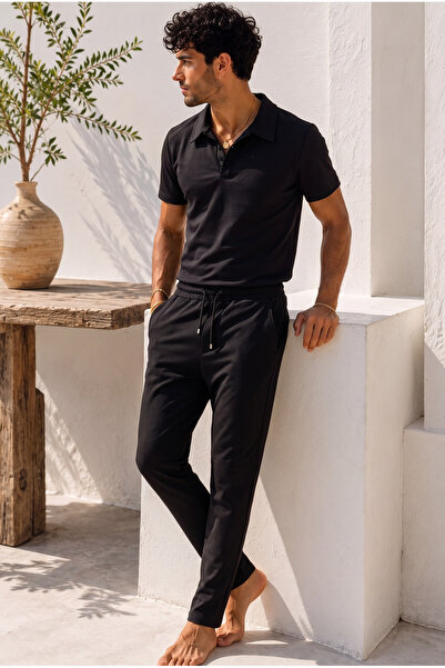 MADZEYMODA Ανδρικό υφασμάτινο μπλουζάκι και παντελόνι Oysh σε μαύρο χρώμα με ...