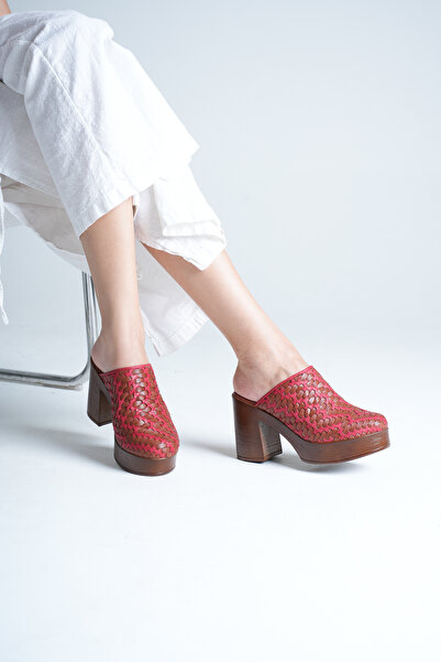 ANALİN SHOES Women's Genuine Leather Platform Heeled Braided Slippers