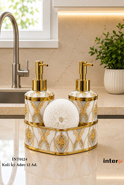 İnterlife 2-Piece Liquid Soap Dispenser Set with Sponge Holder, Porcelain Soa...