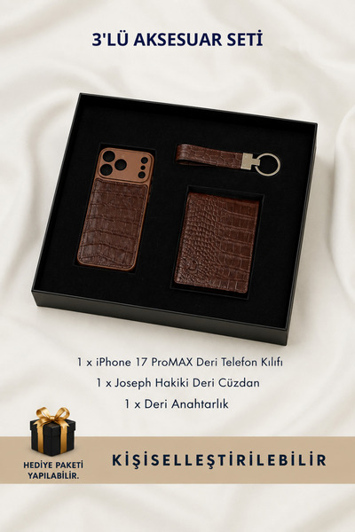 CüzCan Premium Hakiki Deri Hediye Seti - Siyah Croco Cüzdan Anahtarlık & iPho...