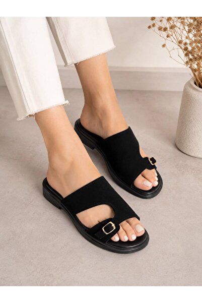 GNY AYAKKABI Gny Women's Black Buckle Slippers Daily Comfortable Thick Sole S...