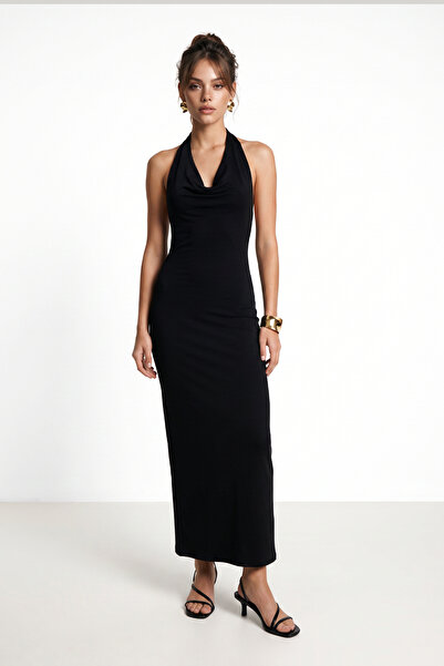 Lovelyİstanbul Degaje Yaka Summer Polyamide Dress Lub0340 Black