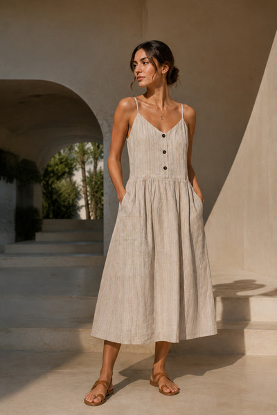 esmara Women's Beige Linen Blend Button-Down Midi Dress