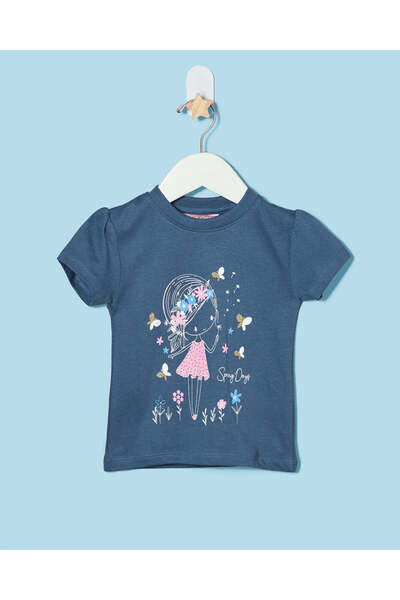 REDTAG Infant Girls Blue Chest Print T-Shirt
