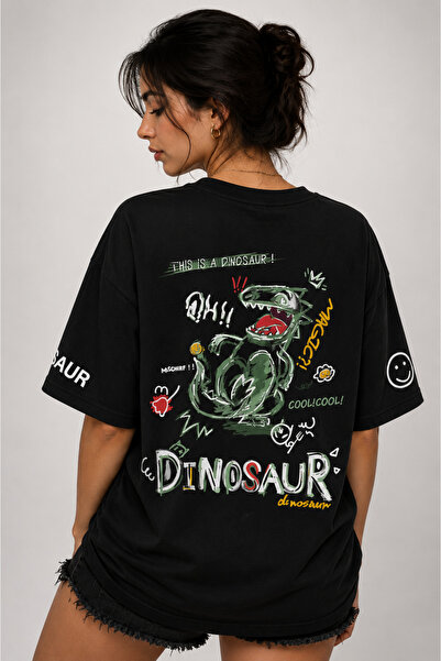 Clothify Unisex Oversize Dinosaur Back Print Premium T-Shirt 100% Cotton Crew...