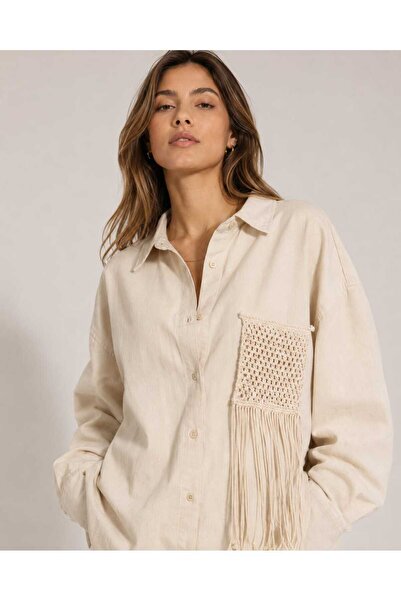 LAVİNİM Women's Tasseled Gabardine Jacket Shirt with Knitted Pocket Detail Ov...
