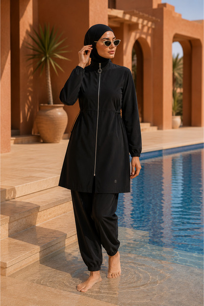 QUHOX Women's Black Zippered, Adjustable Waist, Fully Covered Hijab Swimsuit Set