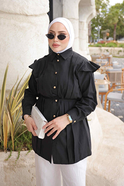 İmajButik Black Shoulder Ruffle Waist Tie Shirt