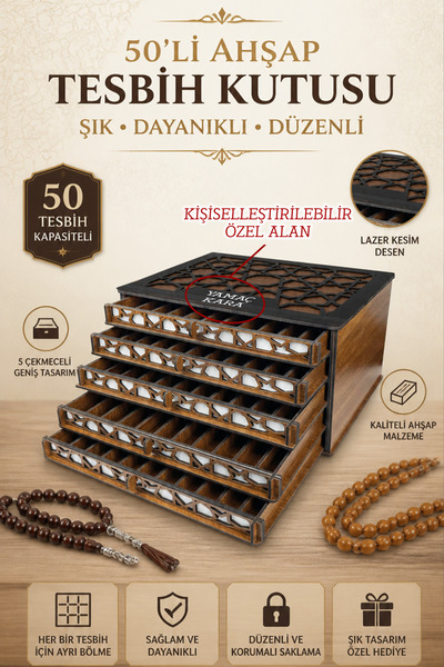 kutuTR Kişiye Özel Ahşap Tesbih Kutuları Tekli, 2, 3, 4 ve 5 Katlı Modeller L...