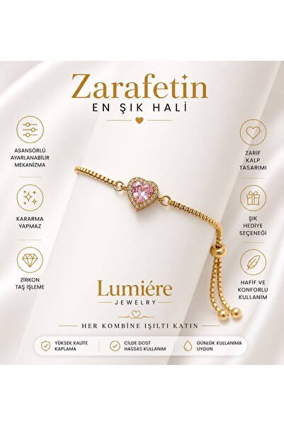 LUMİERE JEWELRY LUMİERE Gold Pembe Kalp Taşlı Asansörlü Paslanmaz Çelik Bilek...