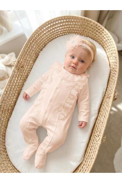Bebila Baby Baby Girl Mevlütlük Jumpsuit with Lace Bandana 100% Cotton Hospit...