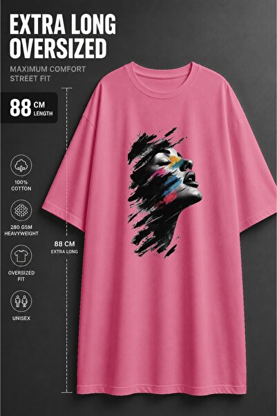 classy moda Unisex Oversized Extra Long Colorful Paint Effect Face Printed T-...