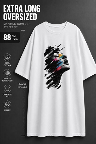 classy moda Unisex Oversized Extra Long Colorful Paint Effect Face Printed T-...