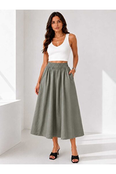 Zylen Women's Elastic Waist Flared Midi Long Skirt with Pockets