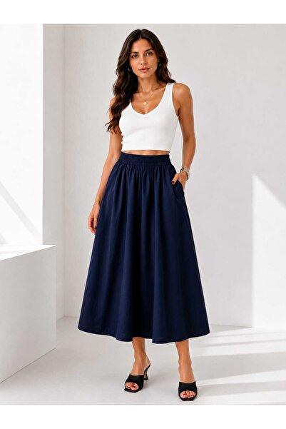 Zylen Women's Elastic Waist Flared Midi Long Skirt with Pockets
